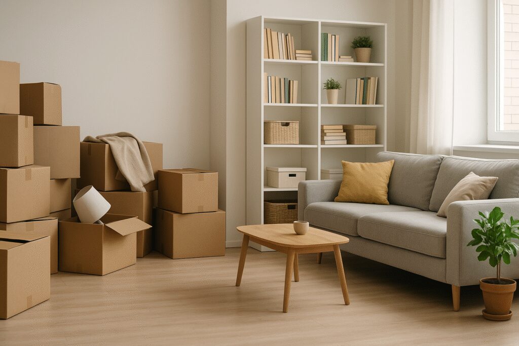 סידור בית אחת ולתמיד. סלון מסודר בחלקו אבל עם קרטונים נוספים למיון וסידור