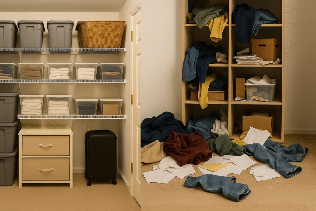 איך להפטר מבלאגן בבית - ארון מסודר מול מדפים מבולגנים