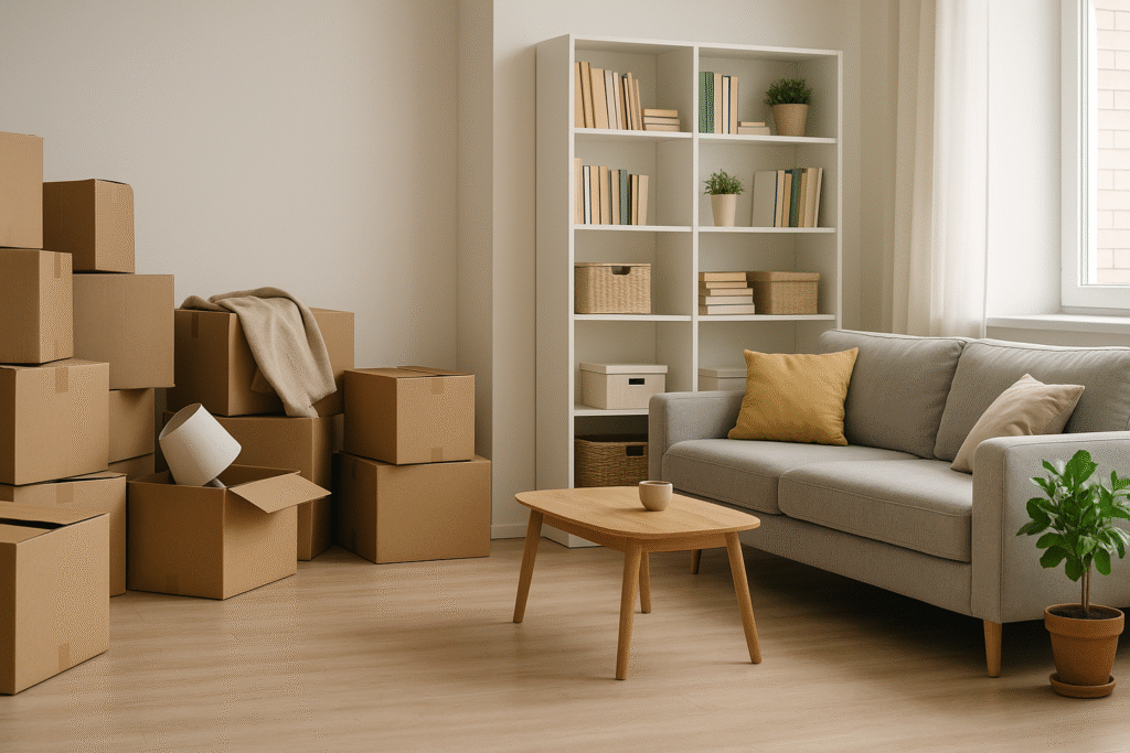 סידור בית אחת ולתמיד. סלון מסודר בחלקו אבל עם קרטונים נוספים למיון וסידור