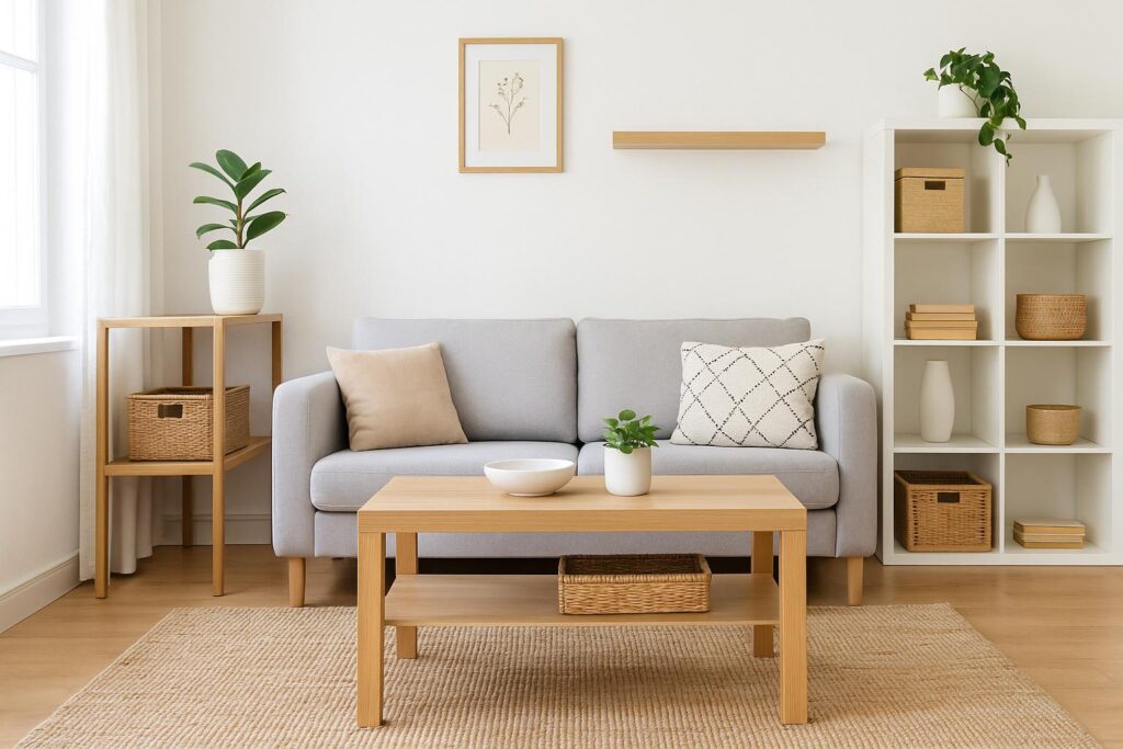 סידור בית קטן - הדמייה של סלון קטן וקומפקטי מאורגן ומסודר