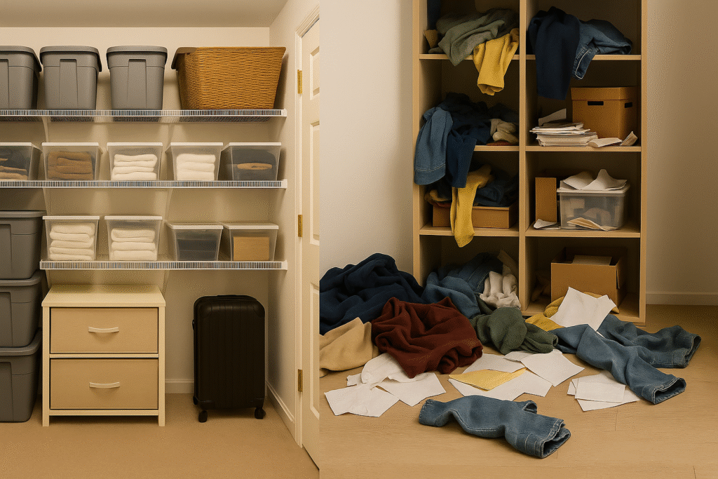 איך להפטר מבלאגן בבית - ארון מסודר מול מדפים מבולגנים