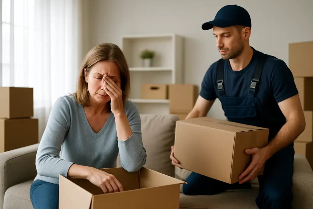 ליווי פינוי דירה בירושה בלי להישבר בדרך 1 ליווי פינוי דירה בירושה – אישה יושבת עם ארגזים בזמן פינוי תכולת דירה